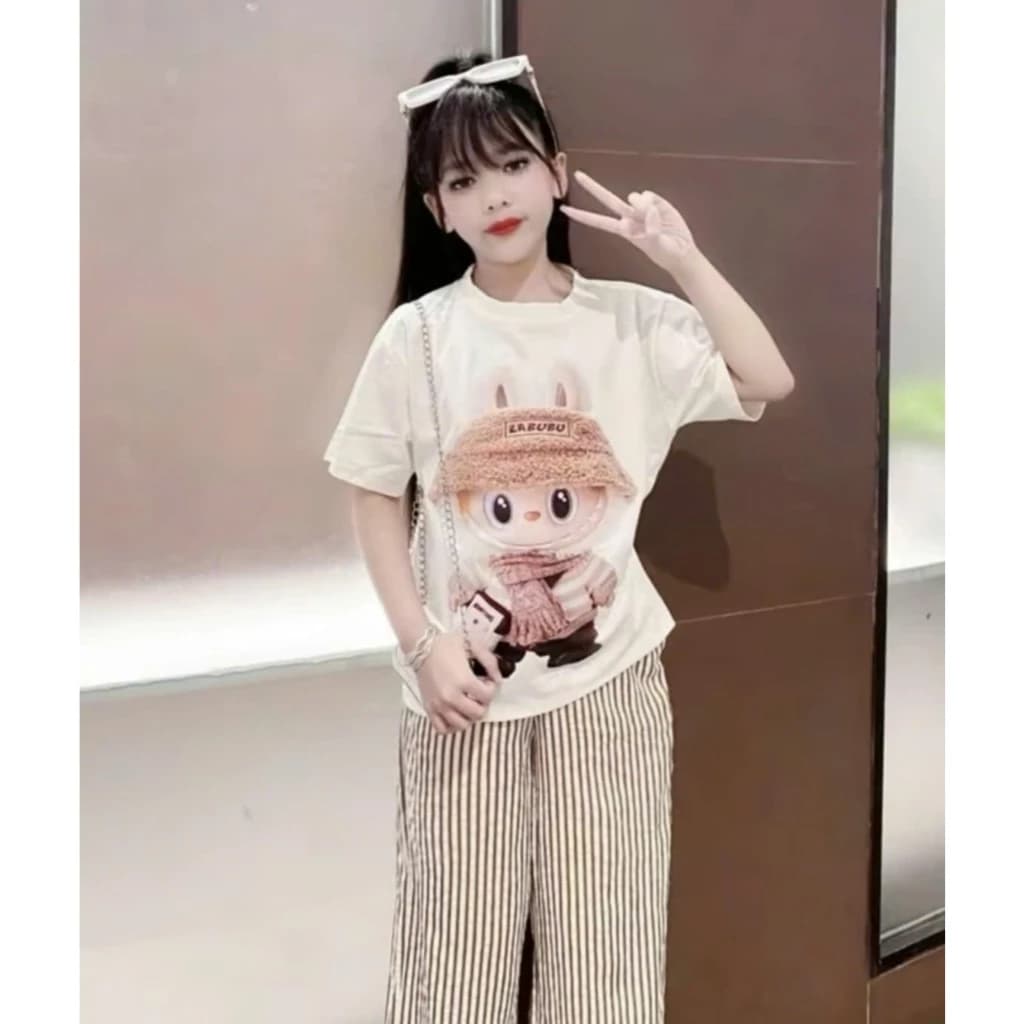 BỘ ÁO THUN QUẦN KẺ SỌC LABUBU DÀNH CHO BÉ GÁI TỪ 13-44KG.