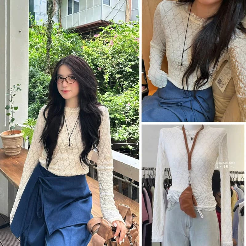 (ẢNH LOẠI 1) Áo Ren Mỏng Nhẹ Chất Liệu Thun Xốp Forly Offical Áo Ren Dài Tay Phối Hoạ Tiết Trám - Bun222