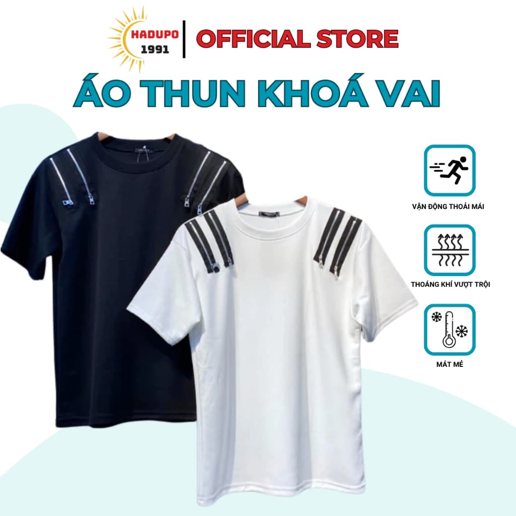 Áo phông nam nữ cổ tròn có khóa vai, áo thun chất liệu Menswear Cotton poly co giãn 4 chiều
