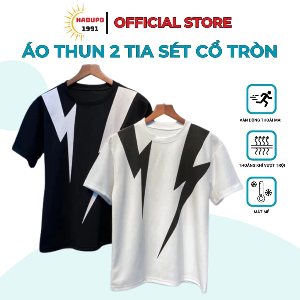 Áo phông nam nữ 2 tia sét cổ tròn, áo thun tay lỡ chất cotton poly dày dặn form rộng basic