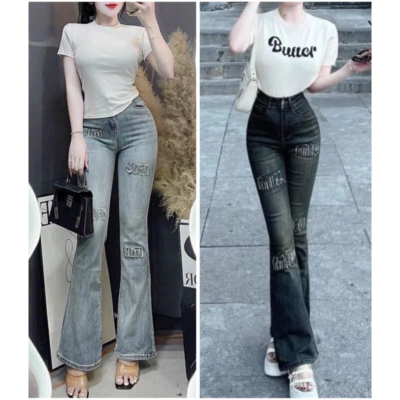 🌷Quần jeans ống loe nữ dài 100cm thêu Miu siêu xinh KLii jeans sẵn🌷