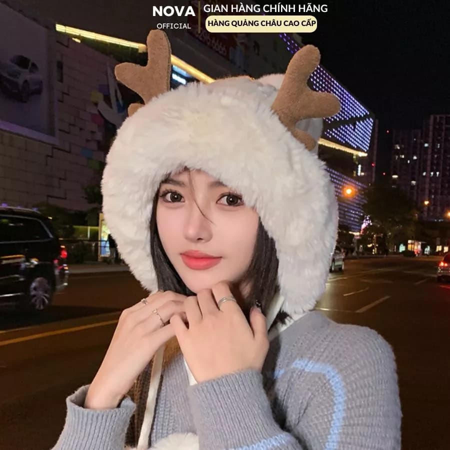 Mũ lông cừu nữ, mũ len lông cừu NOVA tai hươu lót nỉ mùa đông dễ thương phong cách Hàn Quốc