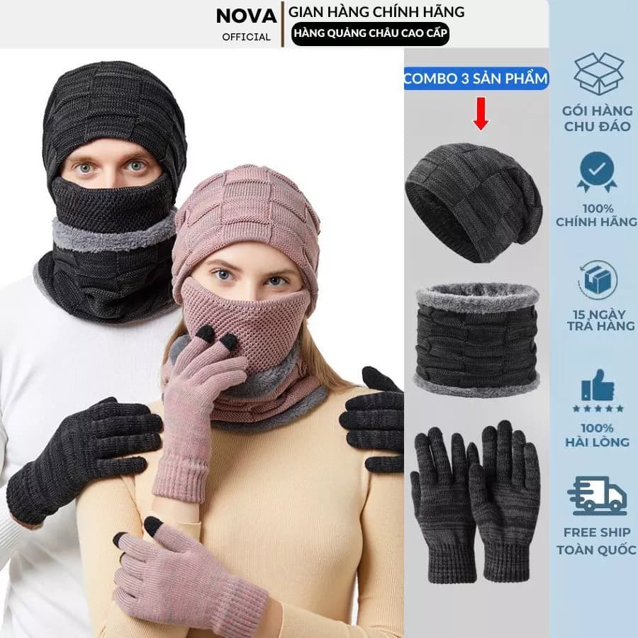 Bộ 3 Mũ len nam nữ trùm đầu,Set 3 món nón len kèm khăn quàng cổ, găng tay lót nỉ mùa đông chống lạnh NOVA Store