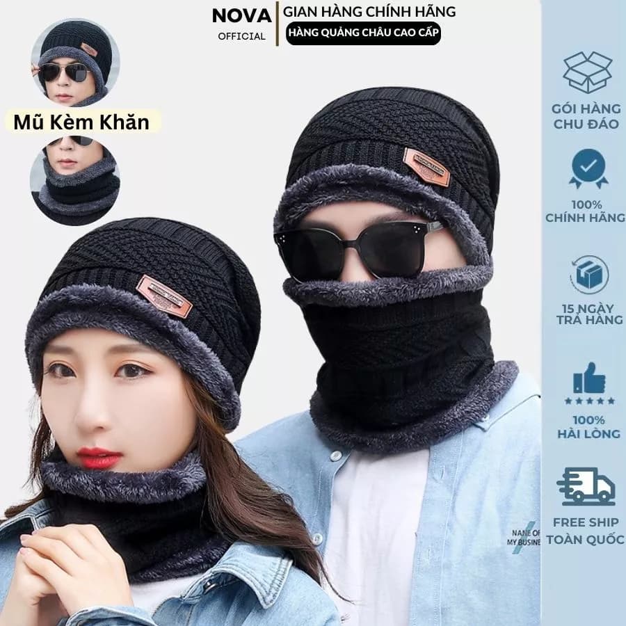 Mũ len nam nữ, nón len kèm khăn quàng cổ NOVA lót nỉ mùa đông Únisex thời trang phong cách Hàn Quốc