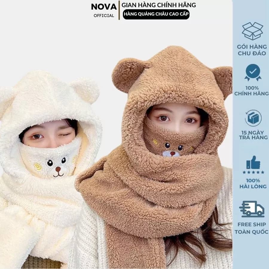 Mũ lông cừu nữ, mũ len lông cừu nữ kèm khăn quàng cổ, găng tay dài đẹp dễ thương NOVA Store
