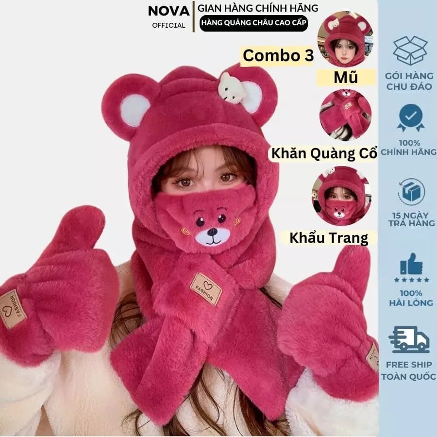 Mũ lông cừu nữ NOVA, mũ len lông cừu nữ kèm khăn quàng cổ, găng tay dài đẹp dễ thương phong cách Hàn Quốc