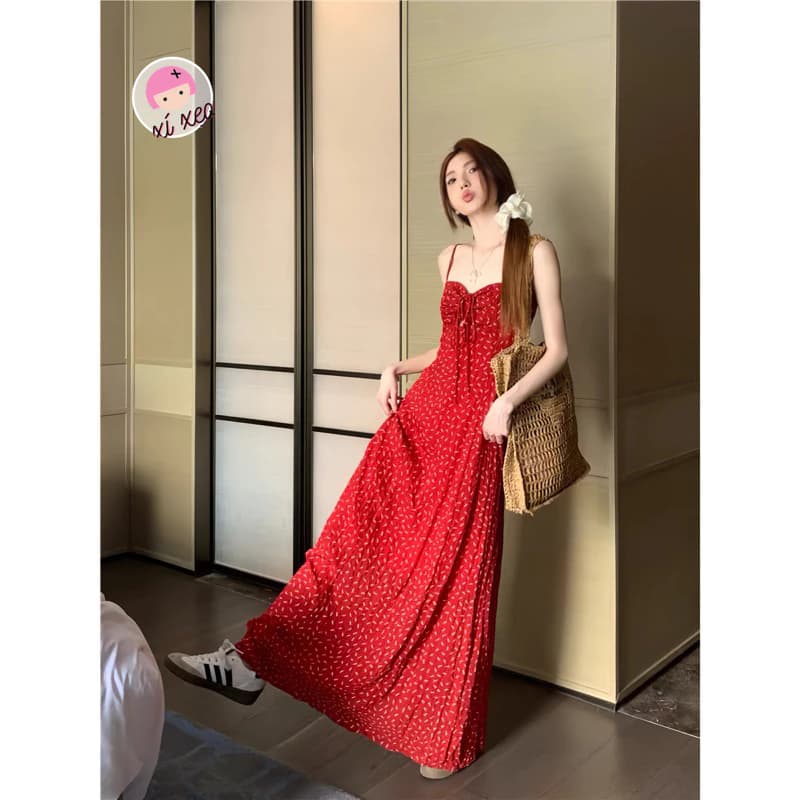 Váy 2 dây nhún ngực  hoa nhí dáng dài phong cách hàn quốc xixeoshop -V143