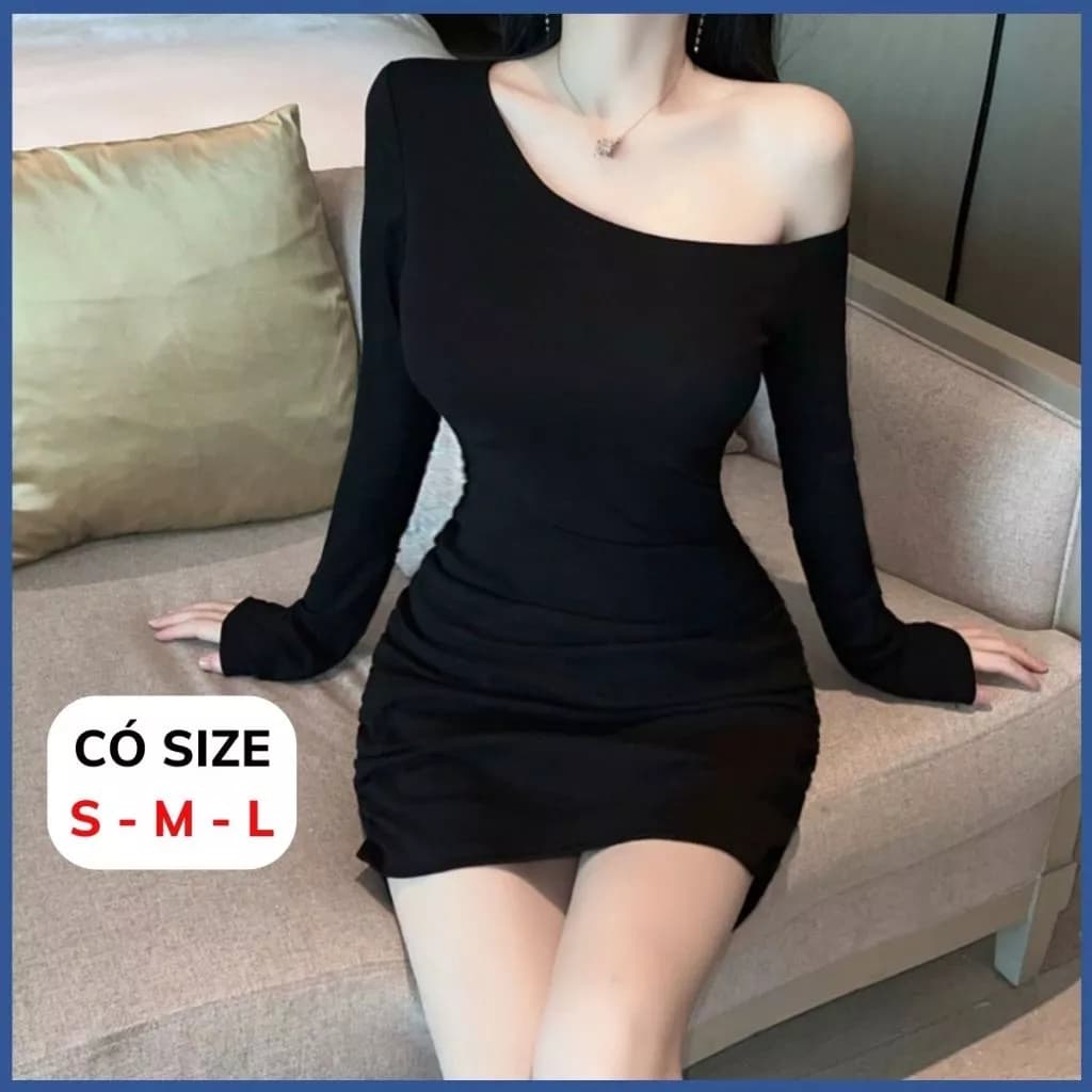 [CÓ SIZE] Đầm Body Lệch Vai Dài Tay MIMILA Váy Nhún Hông Ôm Tôn Dáng Chất Thun Gân Dày - MBD143