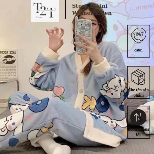 [HÀNG QC] Bộ Đồ Ngủ Lông Cừu Thỏ Xanh ANN NHIÊN Tuyết Nhung Mùa đông Ấm Áp