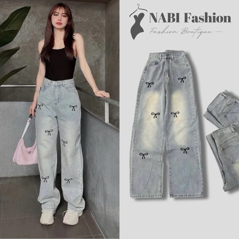 Quần Jean Nữ Ống Suống Thêu Nơ NABI Fashion Điểm Nhấn Thêu Nơ Nhỏ Xinh Xắn , Quần Bò Ống Rộng Basic Dễ Mix Đồ Ôm Eo