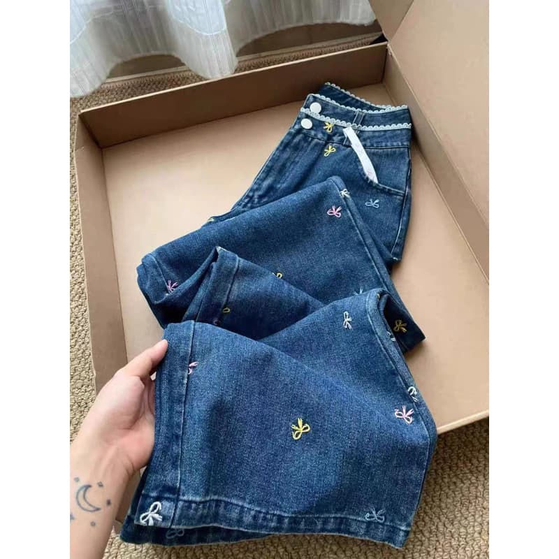 [Order-2186] Quần jean thêu nơ ống rộng chất jean dày dặn Lilis Room