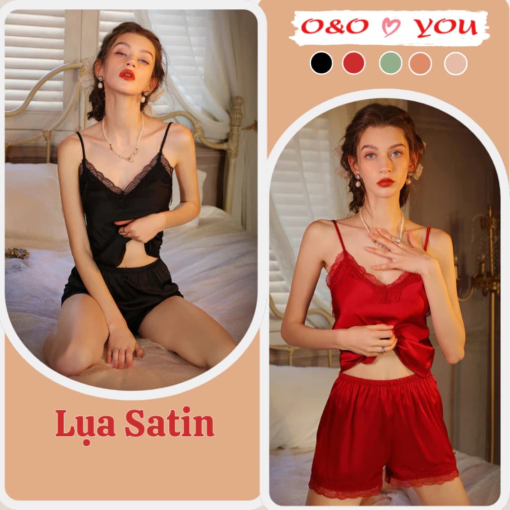 Bộ quần áo ngủ ren áo hai dây, quần short đùi chất liệu lụa cao cấp sang trọng A6658 O&O