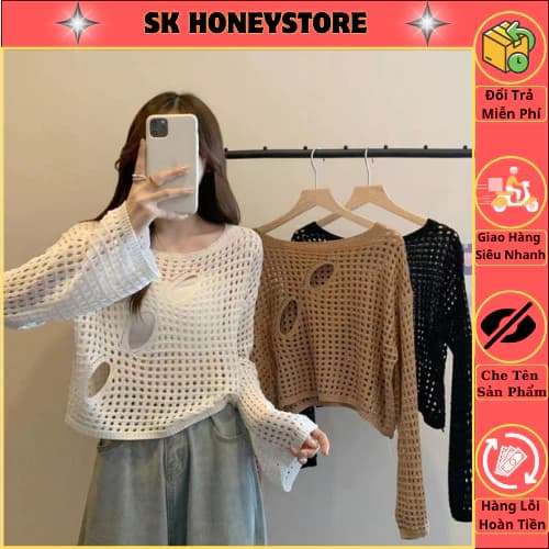 Áo lưới len nữ tay dài mềm mại MS2055 💜 Áo len lưới nữ