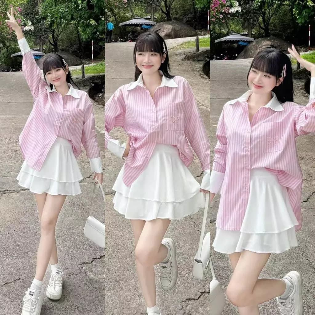 SET ÁO SƠ MI SỌC THÊU NƠ PHỐI CHÂN VÁY TẦNG TRẮNG, SET ĐỒ NỮ TIỂU THƯ BASIC | MEOINDAHOUSE