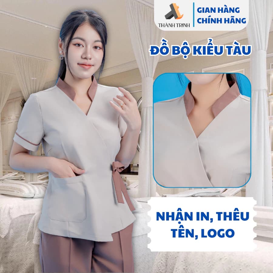 Đồng phục spa, thẩm mỹ viện, trường mầm non kiểu dáng cổ tàu dây buộc chất liệu cotton lạnh - THÀNH TRINH