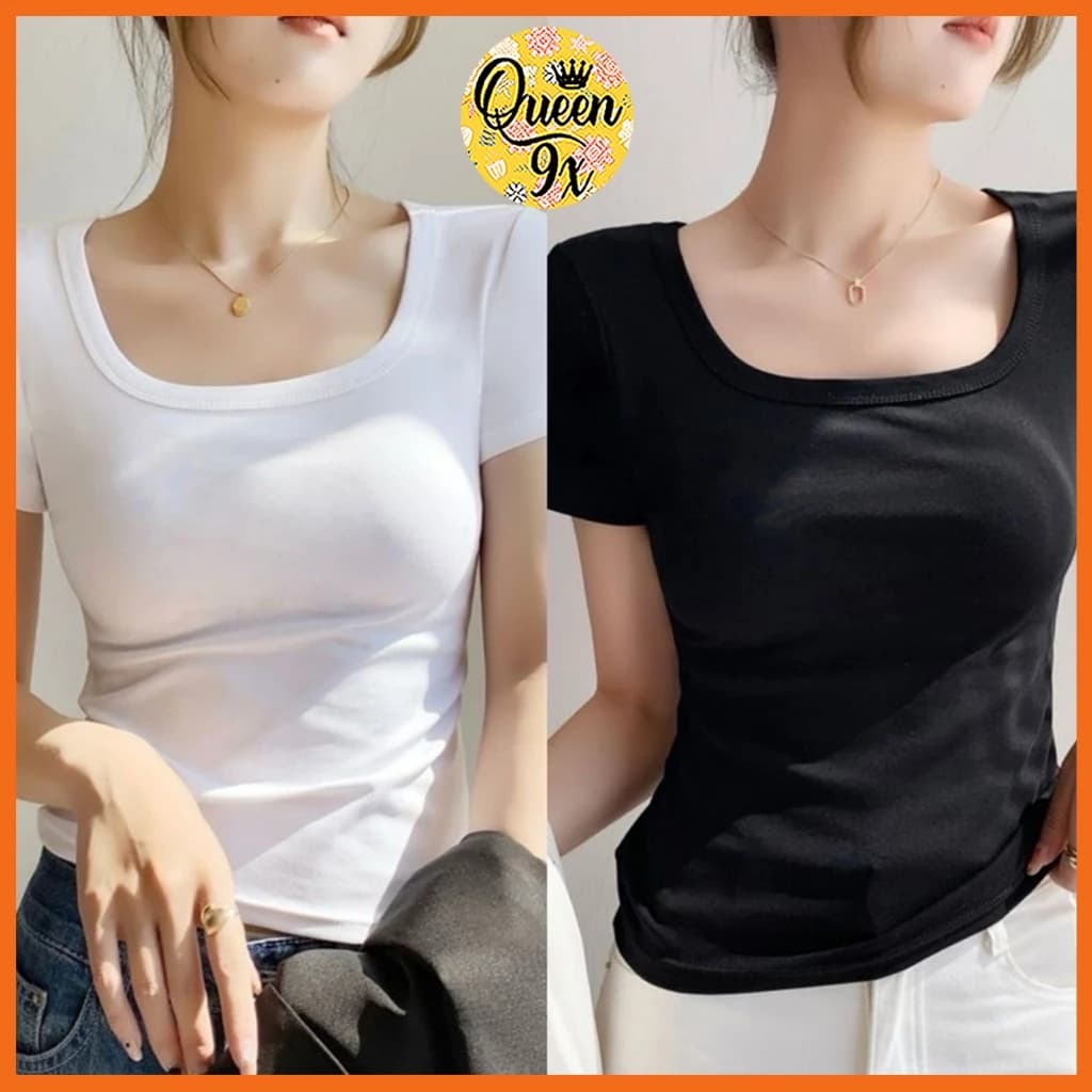 Áo Croptop Babytee Cổ Vuông Đen Trắng Xám Cho Nữ Dáng Basic