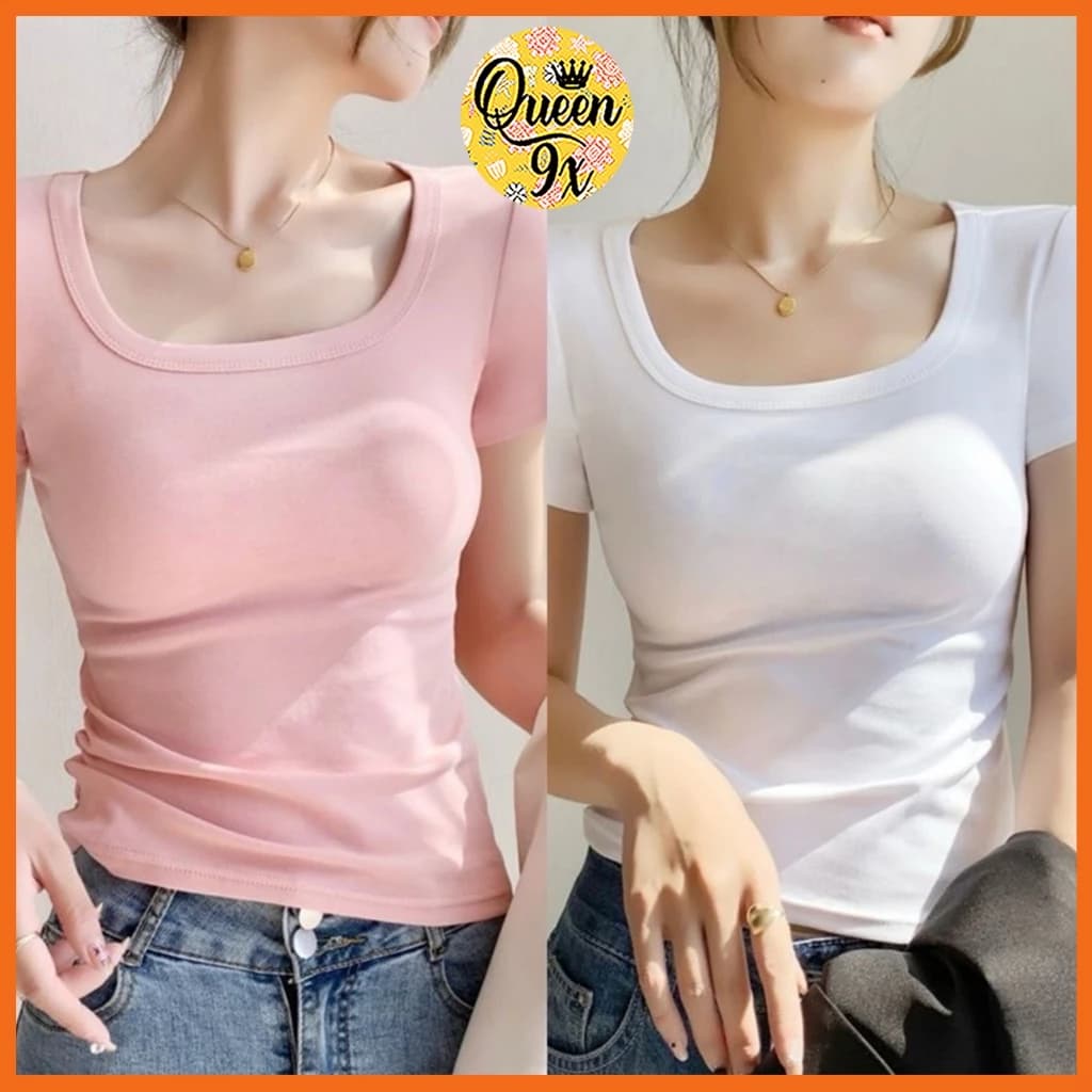 Áo Croptop Babytee Cổ Vuông Đen Trắng Xám Cho Nữ