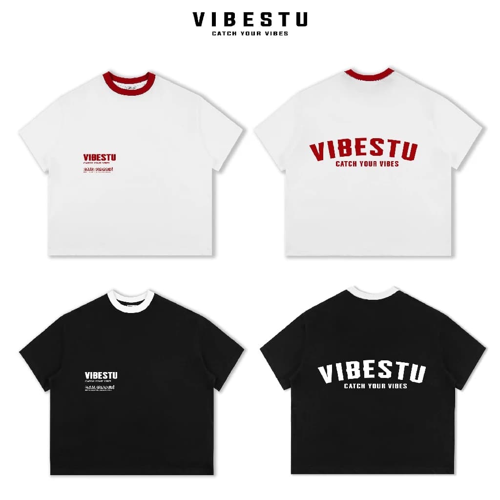Áo Thun Local Brand Logo VIBESTU Phối Cổ Boxy Form Rộng Unisex 250Gsm 100% Cotton
