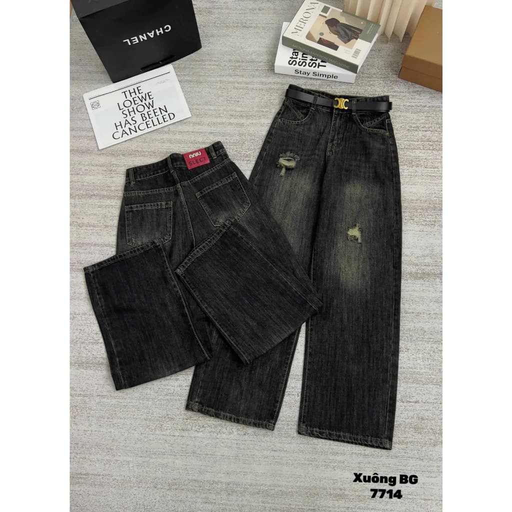 [BIGSIZE 85kg] 7713 Quần Jean Nữ Cạp Cao Ống Suông To Thoái Mái Rách Tạo Kiểu, quần bò nữ ống rộng