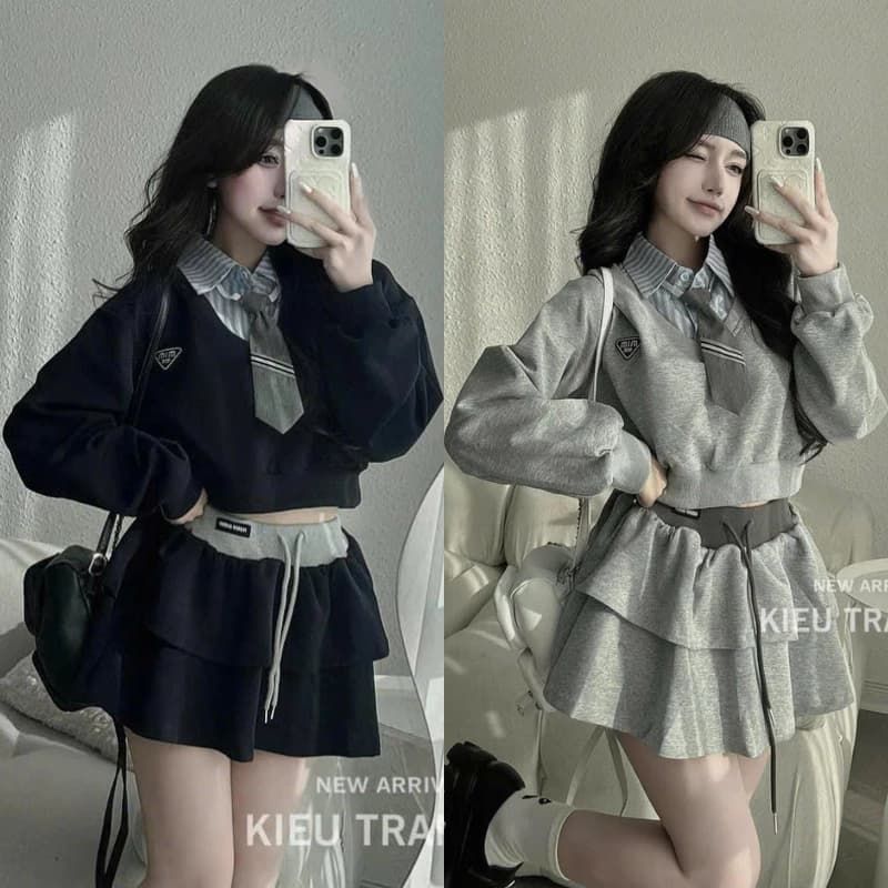 Set Đồ Nữ 3 Món - Áo Nỉ Croptop Dài Tay Phối Cổ Sơ Mi Mix Cà Vạt Kèm Chân Váy Xòe Tầng Siêu Xinh