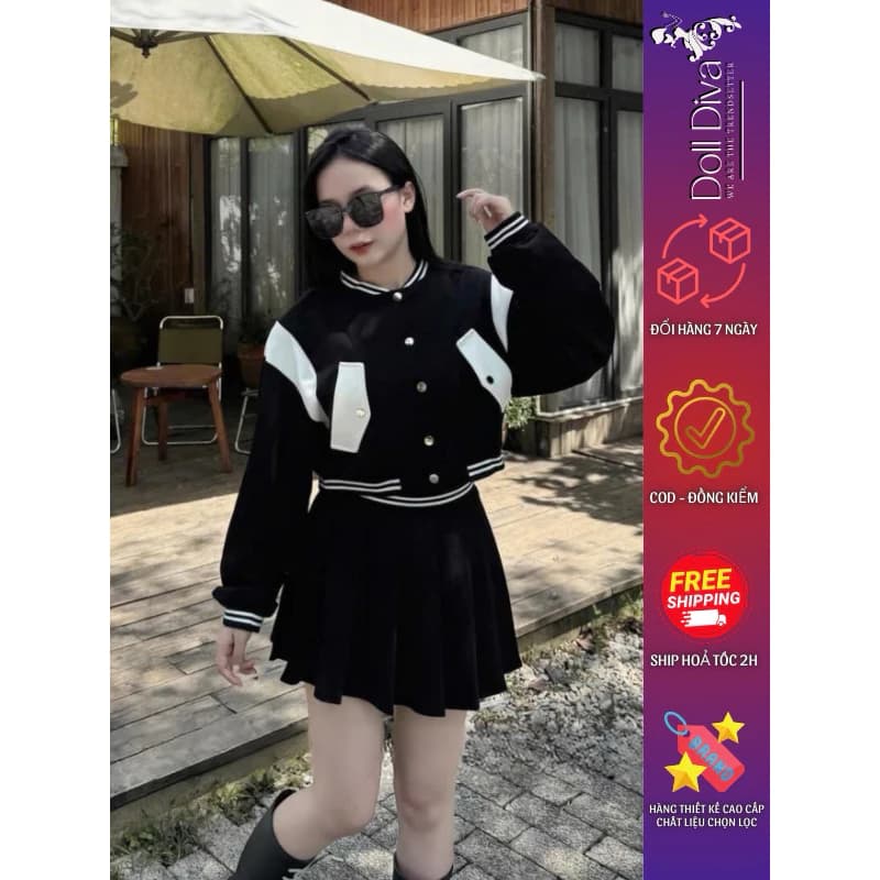 Set Áo Khoác Bomber Phối Vai Croptop Mix Chân Váy Xoè Ngắn QCCC Hotgirl Sang Chảnh S822