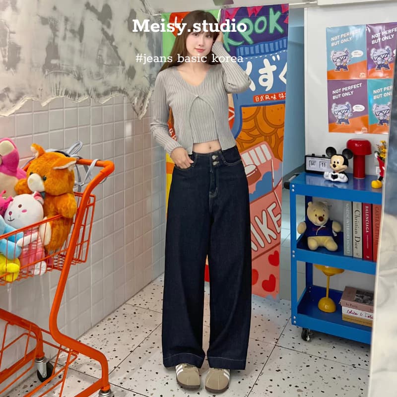Quần jeans nữ ống rộng nữ màu xanh đen chất Jeans dày dặn gấu 4cm cạp 2 khuy phong cách basic Hàn Quốc Meisy