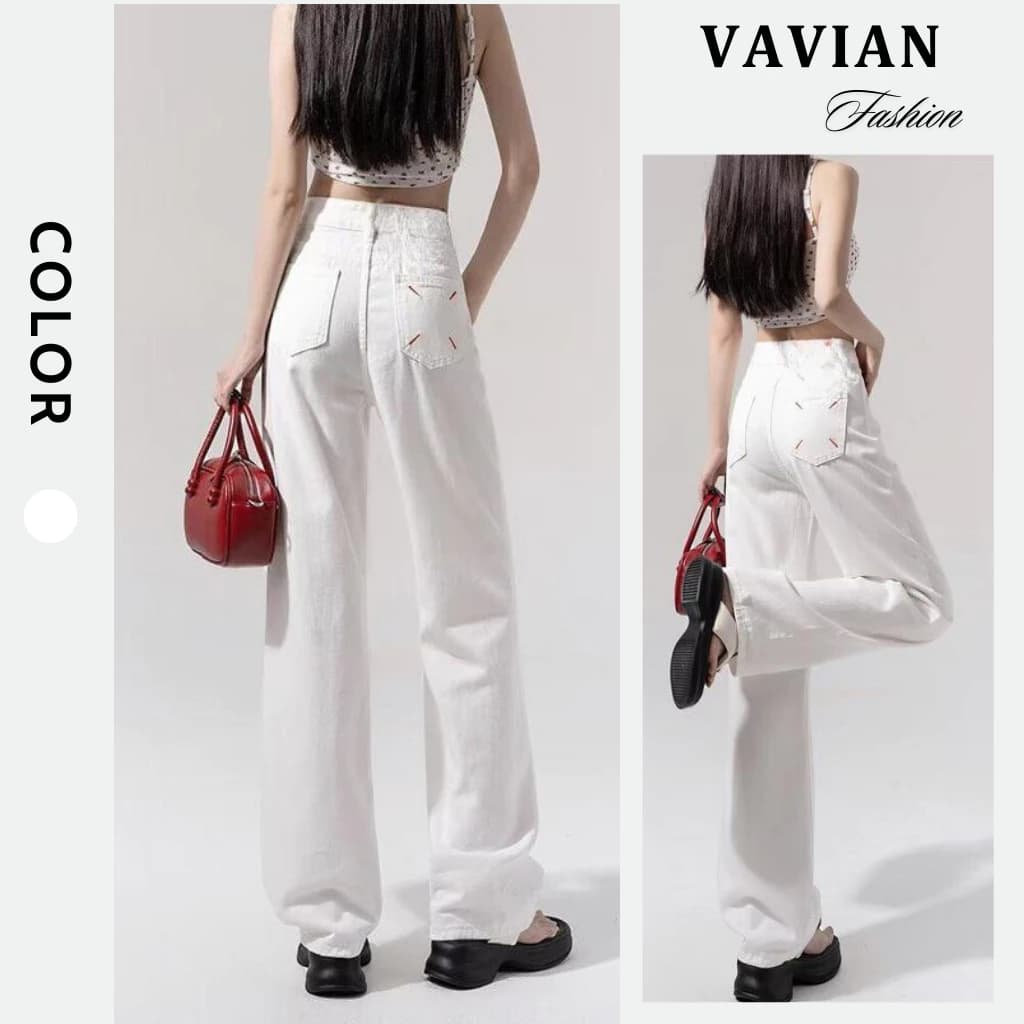 Quần Kaki nữ trơn Cạp cao Jeans TRẮNG ống rộng thêu túi, Quần Ống Suông Thêu  Sau Phong Cách 2024 - Vavian Store