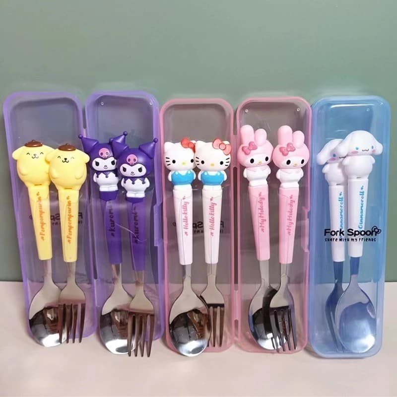 Set 2 Thìa Nĩa Bằng Thép Không Gỉ Đáng Yêu - Hộp Thìa Ăn Cá Nhân Trẻ Em