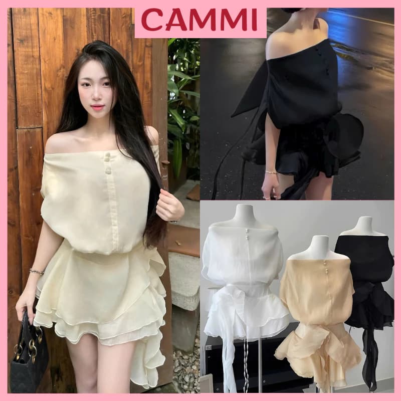 Đầm Trễ Vai Ngang VoanTơ Cúc Bọc(K có đệm), Hở Lưng Mix Chân Váy Đính Hoa Sang Chảnh HV638