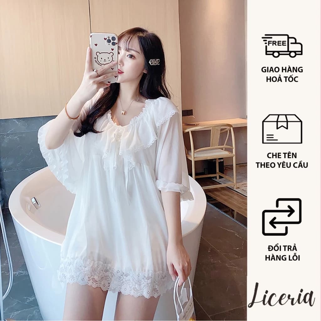 Bộ Đồ Mặc Nhà LICERIA Phong Cách Tiểu Thư Chất Lụa Voan Lạnh