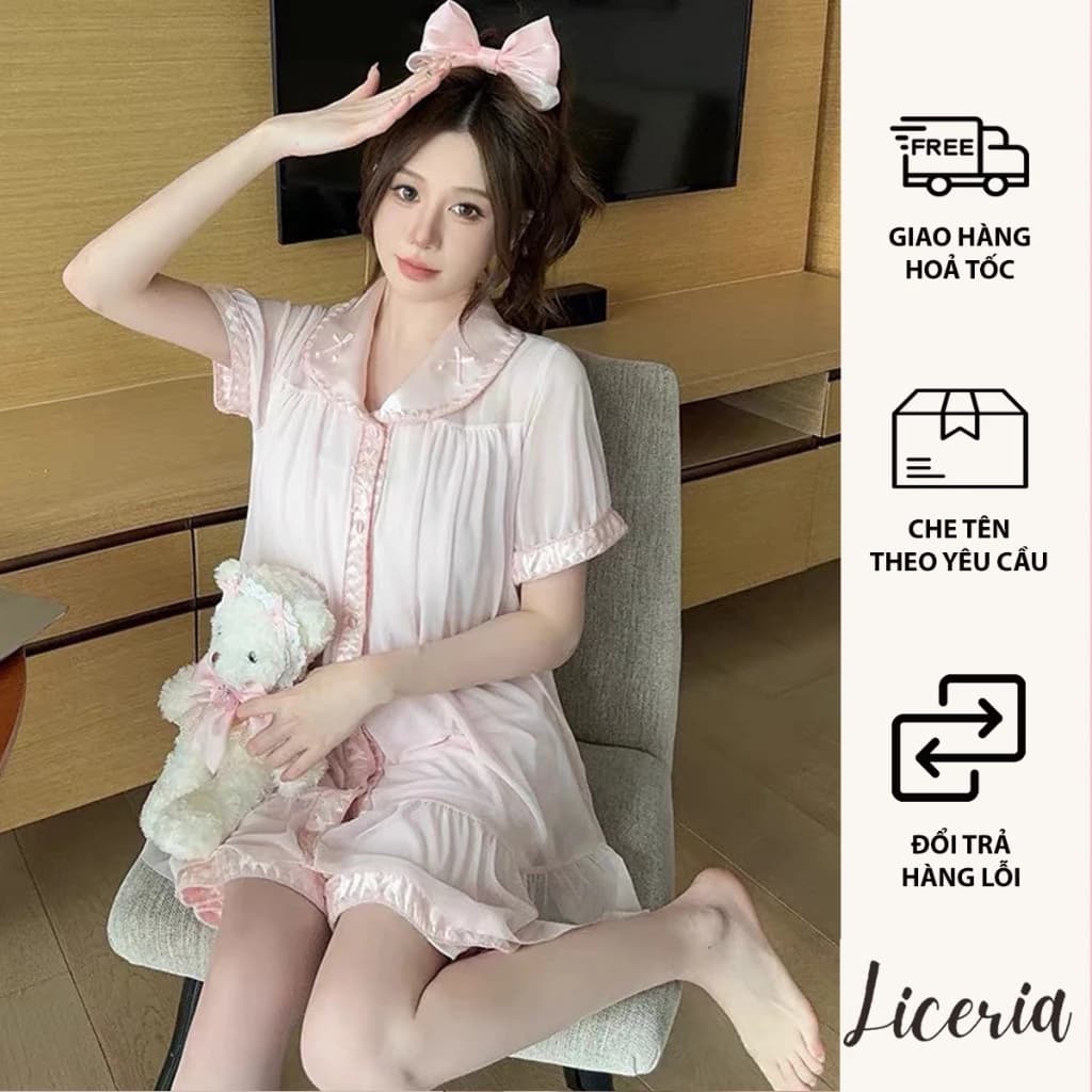 Bộ Đồ Ngủ Cổ Tích Phong Cách Cung Điện Cho Nữ Quần Short Áo Ngắn Tay LICERIA- B38 Bộ Đồ Mặc Nhà Ngọt Ngào.