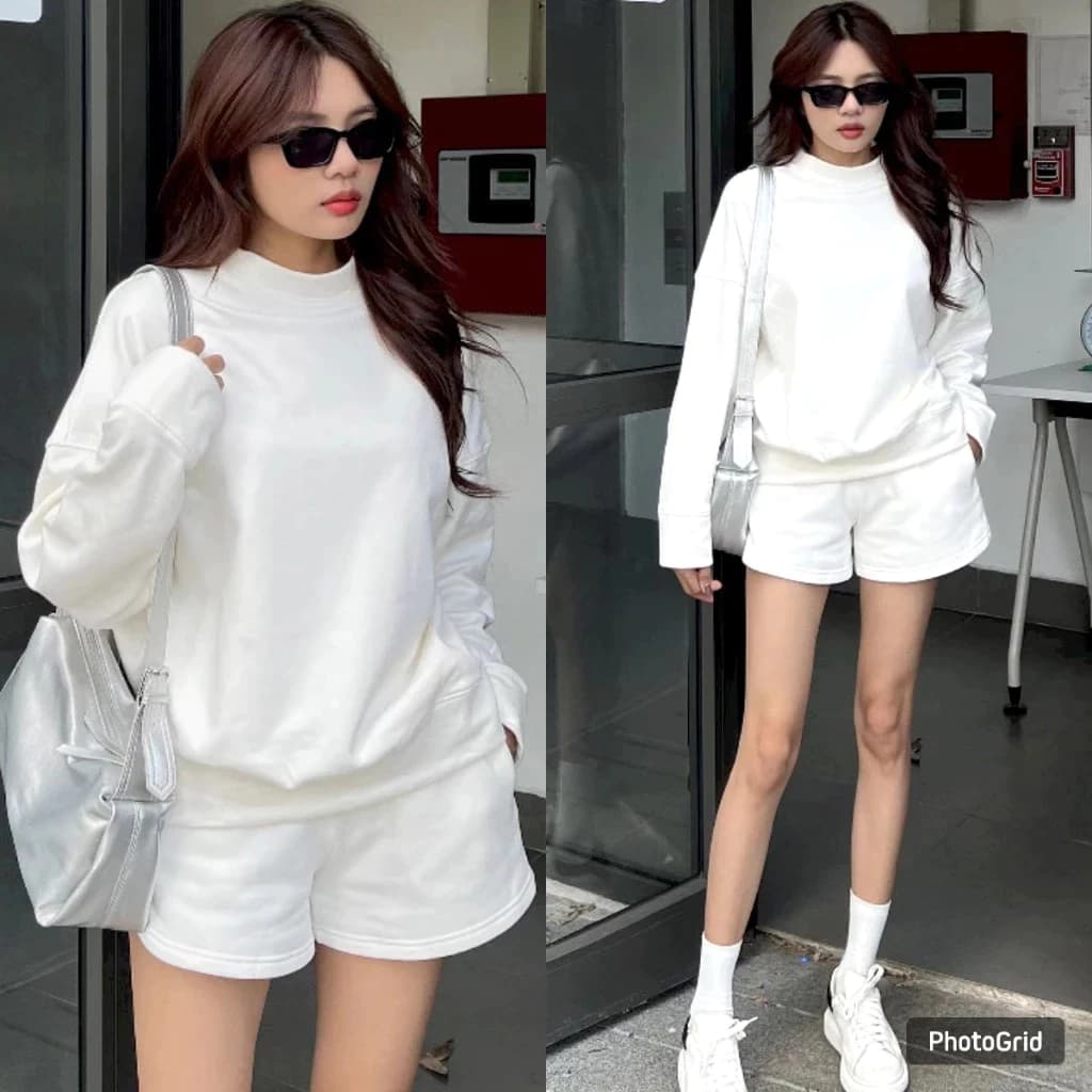 Bộ Nỉ Cotton Thu Đông Cao Cấp Set Short Vegetanian, Bộ Đồ Thu Đông Quần Shorts Áo Sweater Form Rộng Dài Tay Cá Tính