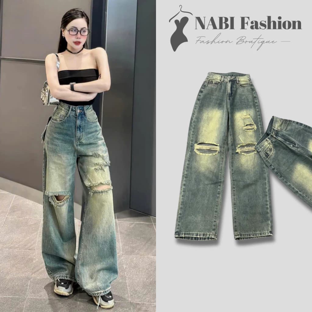 Quần Jean Ống Suông -Quần Jean Lưng Cao Màu Xanh Rách Te Tua Cá Tính Thời Trang NABI Fashion