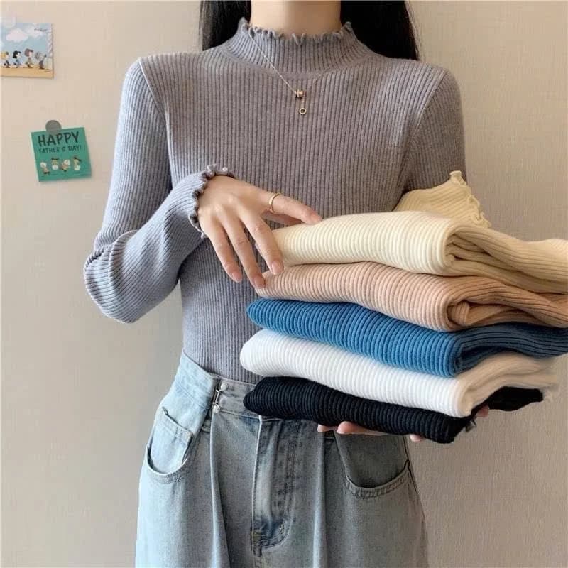 Áo len nữ, len tăm dáng ôm cổ 3p may bèo kiểu mềm mịn tay dài hàng qc dễ phối đồ dành cho mọi lứa tuổi