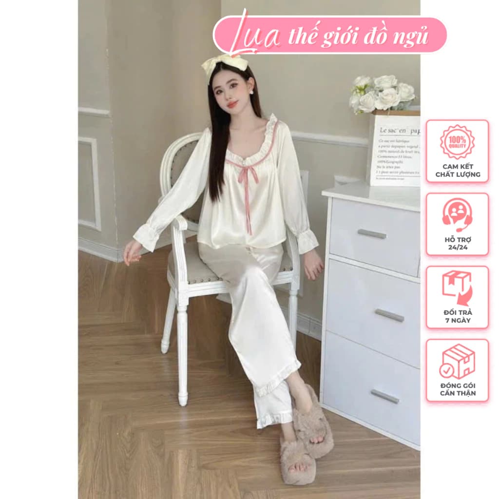 Bộ đồ ngủ lụa lantin cổ tròn viền bèo,pijama dài tay tiểu thư siêu xinh