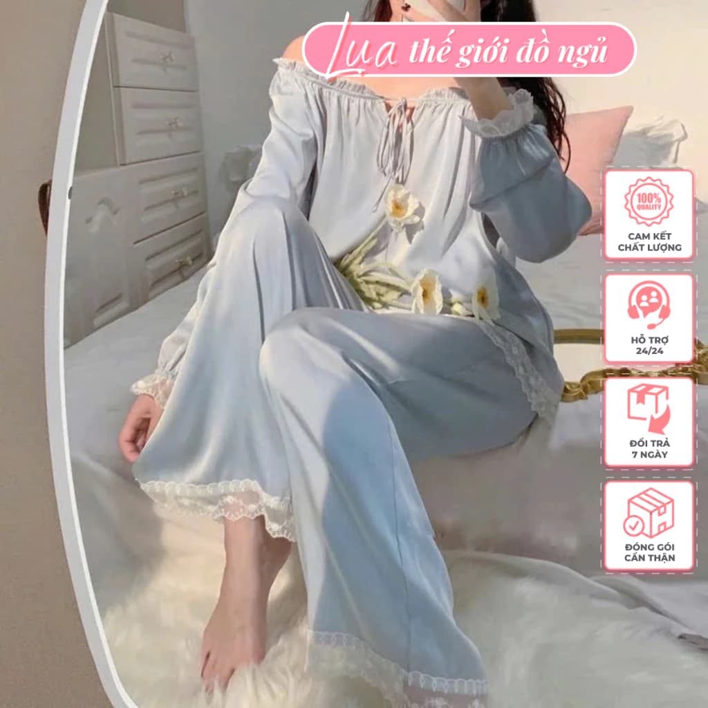Pijama lụa lantin qc cao cấp ,bộ ngủ dài tay phối ren phong cách công chúa xinh sắn