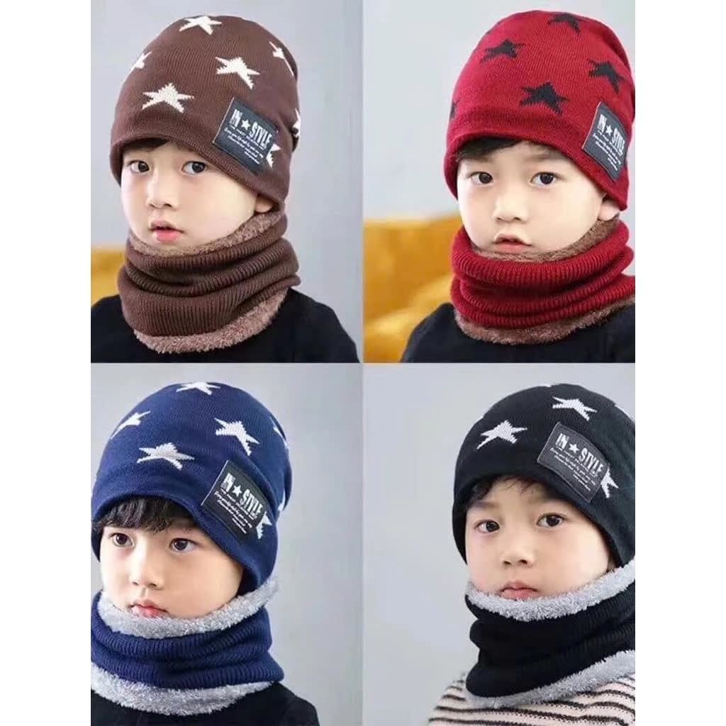 Set mũ len kèm khăn hình ngôi sao có lót lông cực ấm cho bé trai bé gái từ 3 đến 7 tuổi