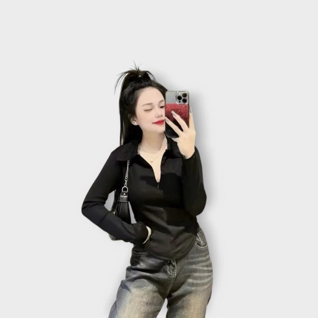 Áo thun ôm body nữ Tay Dài cổ bẻ phối khoá  kéo