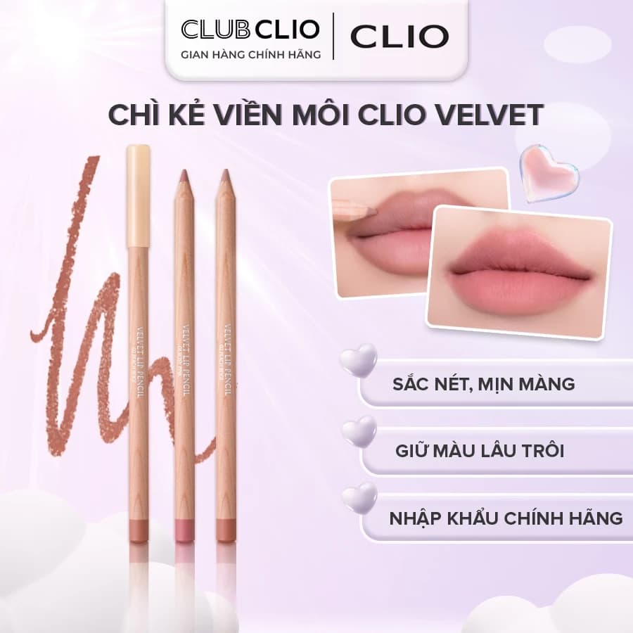 Chì Kẻ Viền Môi CLIO Velvet Lip Pencil Set 1.45g Nhung Lì, Lâu Trôi Định Hình Đường Viền Môi (Kèm Gọt)