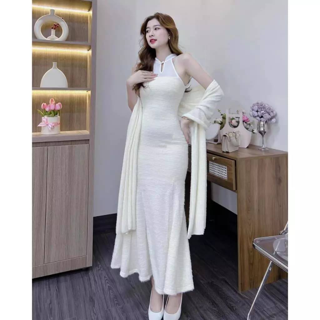 🍒(Hàng mới về) Set đầm cổ tàu + khăn - Lông 🔥𝐇𝐨𝐚̉ 𝐓𝐨̂́𝐜🔥 𝐌𝐄𝐎𝐈𝐍𝐃𝐀𝐇𝐎𝐔𝐒𝐄