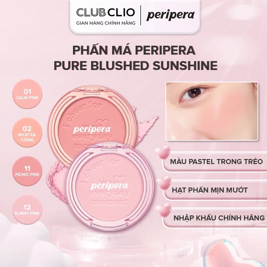 Phấn Má Hồng Peripera Pure Blushed Sunshine Cheek 4,2g Hạt Phấn Mịn Mướt Bám Lâu Trên Da Chính Hãng