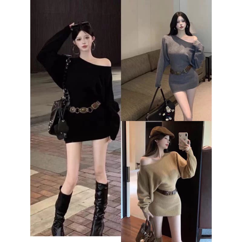 @𝑶𝒏𝒊.𝑺𝒉𝒐𝒑__ (SẴN GIAO LUÔN) Váy Len Body Lệch Vai Sang Chảnh ( Kèm Đai )