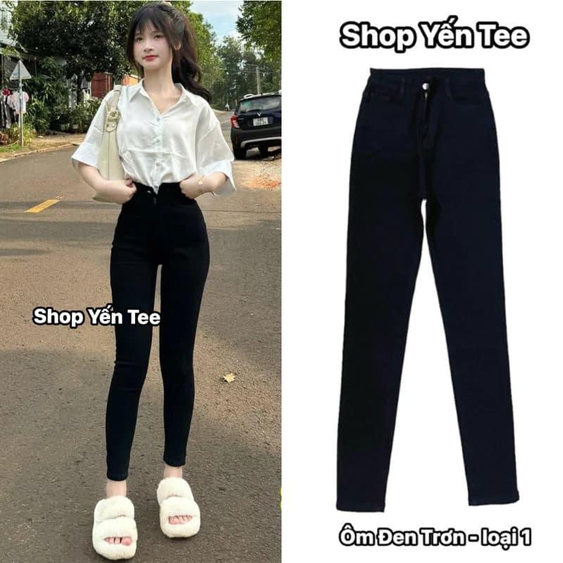 Quần jeans ôm đen 1 cúc  Yến Tee , cạp siêu cao tôn dáng #8800