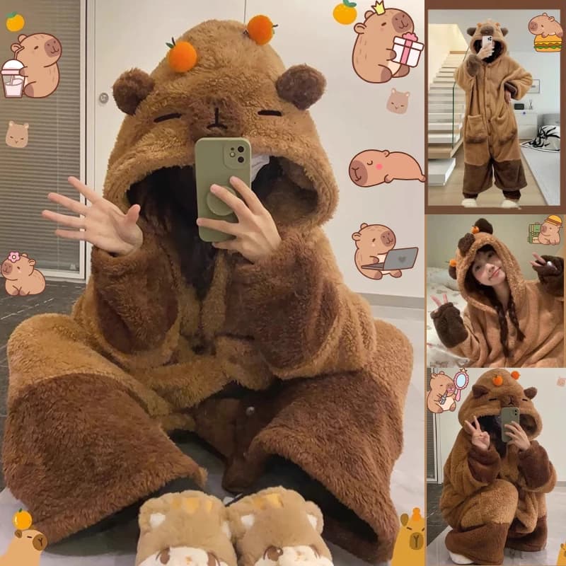 Capybara Bộ đồ ngủ nam nữ dài tay NOVA lót nỉ giữ ấm bên trong mùa đông dễ thương đi chơi du lịch