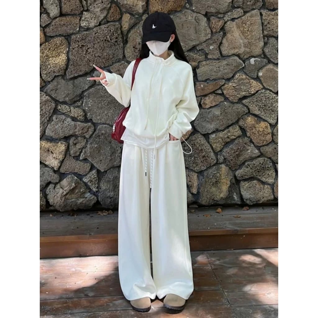 Set Bộ Nỉ Nữ Cổ Cao Khóa Kéo Croptop Kèm Quần Ống Suông Form Rộng Basic Phong Cách Hàn Quốc Hottrend Thu Đông Siêu Xinh