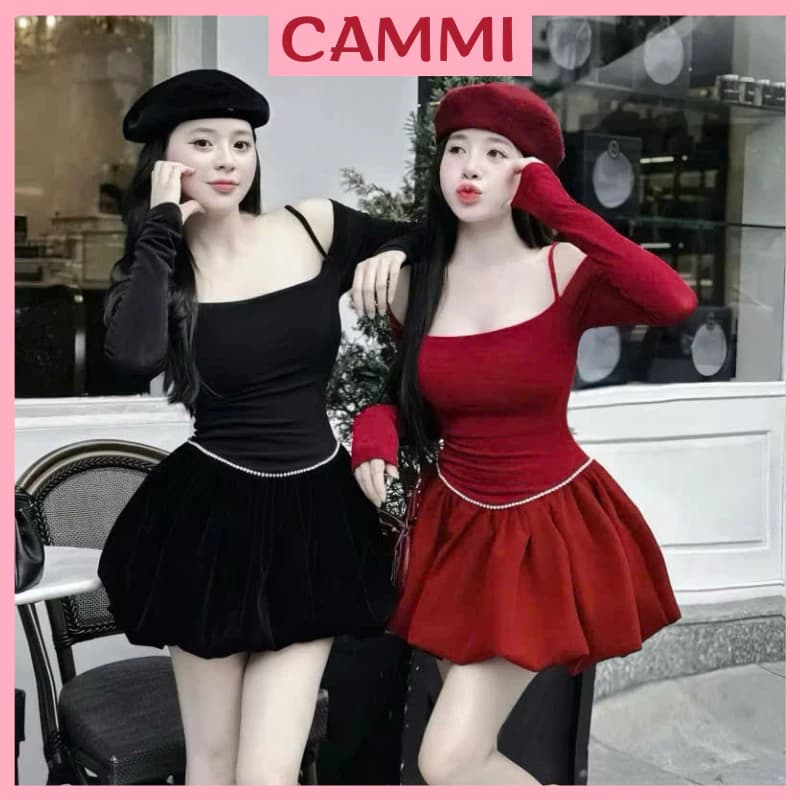 Váy Trễ Vai 2 Dây Dài Tay Đính Viền Đá Phối Chân Váy Nhung Dáng Bồng HV235