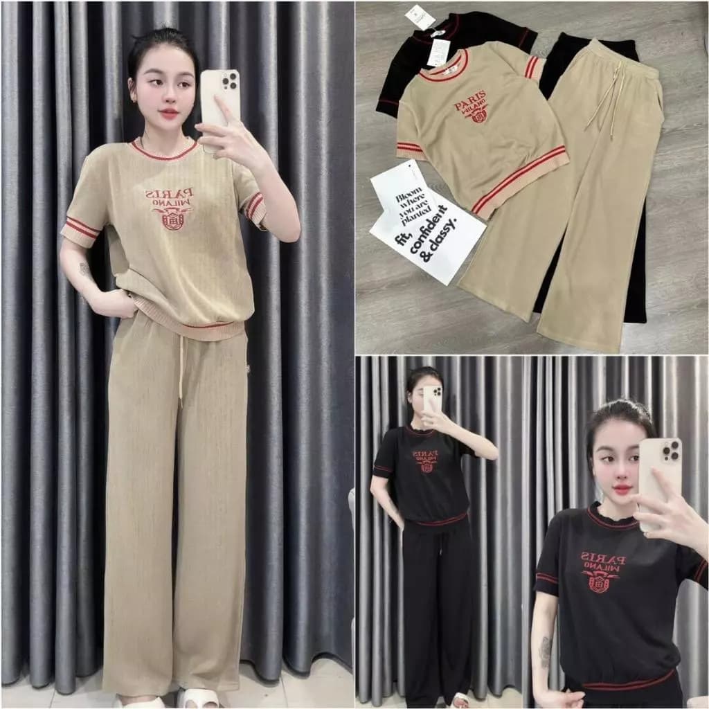 2026. Bộ CỘC TAY thêu PARIS quần dài chất tăm hàn 4 sz SMLXL