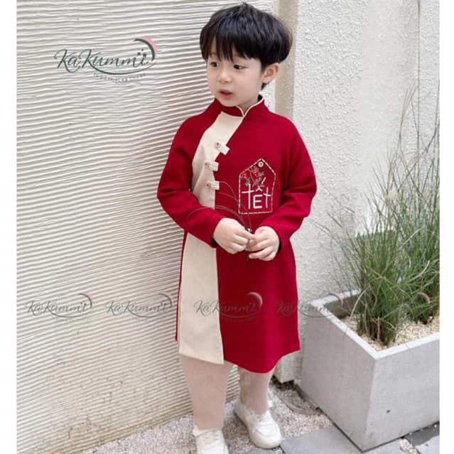 Áo dài cách tân bé trai kèm quần, áo dài cho bé trai chất nhung chéo thêu chữ tết sz 10-30kg