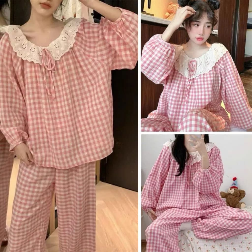 Set đồ ngủ nữ mặc nhà màu hồng kẻ caro - Set đồ bộ nữ màu trơn pastel B12