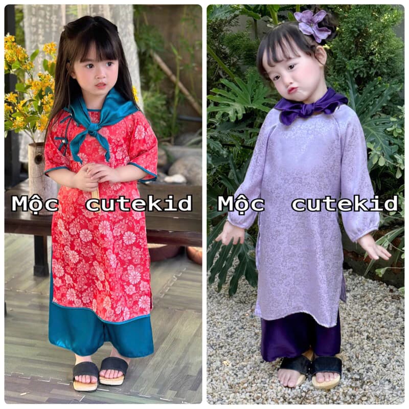 (7-35kg) bộ áo dài CÁT TƯỜNG gấm vân hoa - quần lụa [TẶNG KHĂN TUBAN] cho bé gái mặc đi chơi Lễ Tết